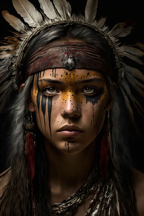 A Native American Woman With Feathers On Her Head And Makeup Is Looking At The Camera