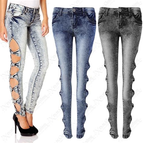 New Ladies Acid Wash Cut Out Sides Bow Jeans Women Stretch Denim Skinny