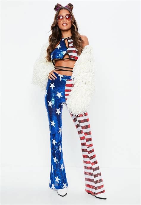 Blue American Flag Sequin Flare Pants Missguided American Flag