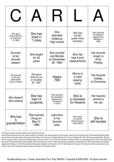 Carlas 75th Birthday Bingo Cards To Download Print And Customize