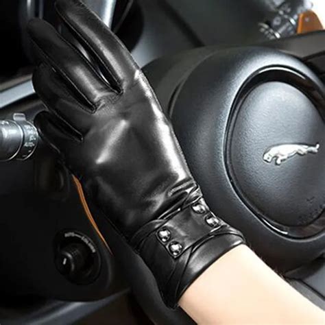 women genuine leather gloves high quality fashion black sheepskin finger gloves winter plus