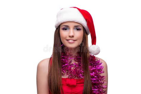 The Cute Girl In Christmas Concept Isolated On White Stock Photo