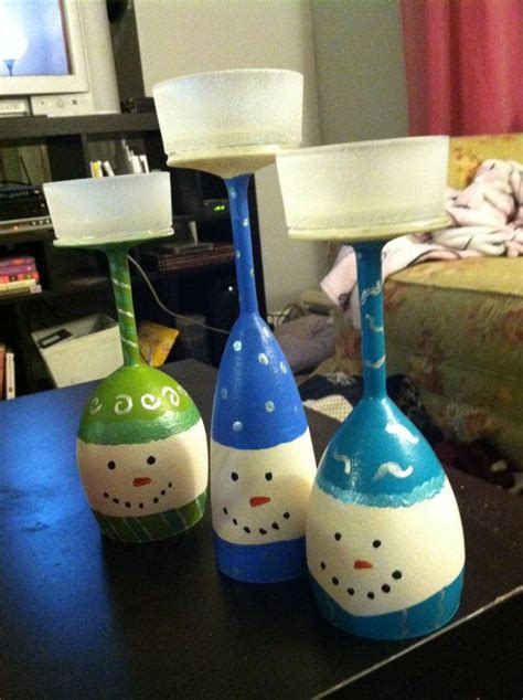 Hand Painted Snowmen Wine Glass Candle Holders By Jayleecrafty 3000