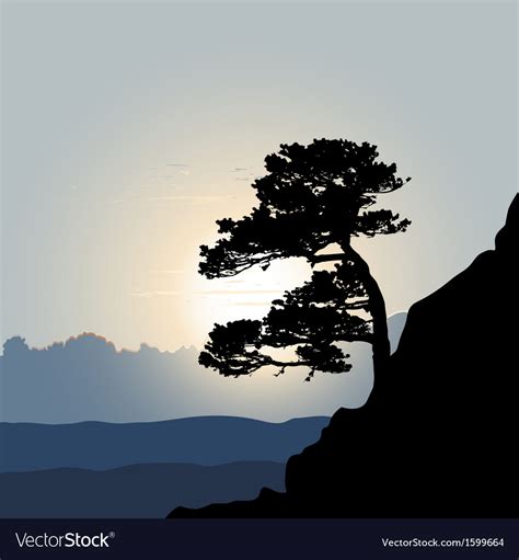Tree Silhouette On A Mountain Background Sunrise Vector Image