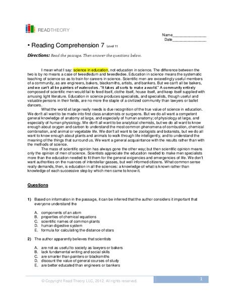 English reading comprehension worksheets for all grades! Reading Comprehension Worksheet for 8th - 9th Grade | Lesson Planet