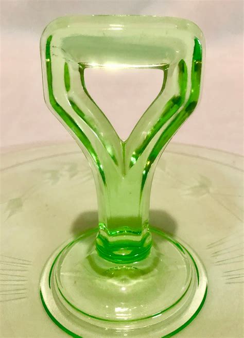 vintage green vaseline uranium depression glass serving dish with handle