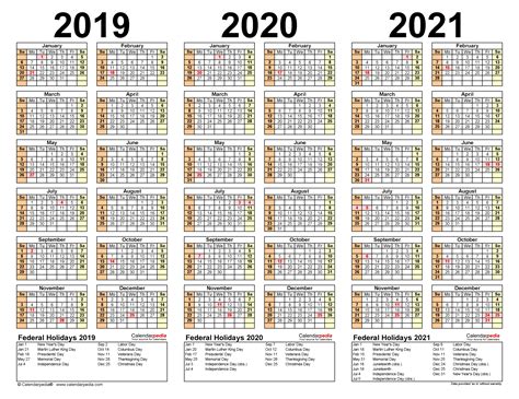 2019 2021 Three Year Calendar Free Printable Word Templates