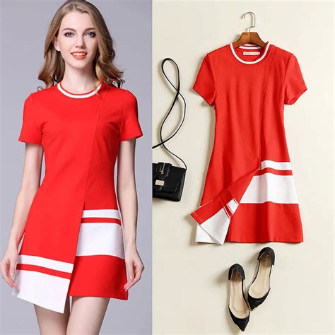 Free Shipping 2017 Summer Lady Fashion Dress Cotton O Neck Dress Red