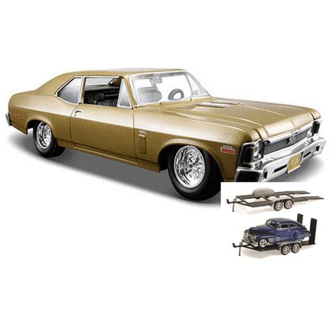 Diecast Car And Trailer Package 1970 Chevy Nova Ss Hard Top Metallic