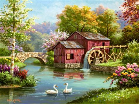 Most Beautiful Scenery Painting Misc Spring Forest Mill