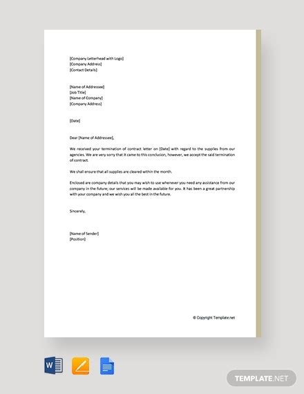 A contract termination letter is used to legally terminate an existing agreement/contract between two parties. Sample Contract Termination Letter Templates - Google Docs ...