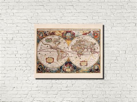 World Map Double Hemisphere Illustrated Reproduction Henricus Hondius C