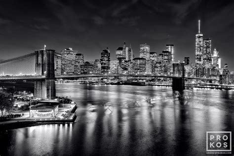 Brooklyn Bridge Lower Manhattan Skyline At Night Framed Black And White