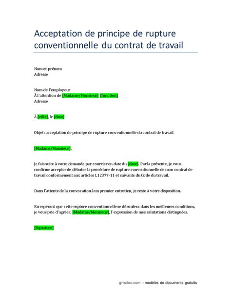 Lettre D Acceptation D Une Rupture Conventionnelle DOC PDF Page