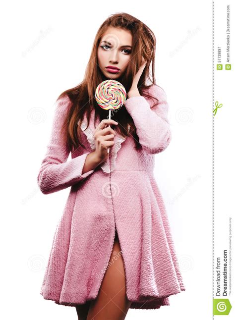 Pretty Brunette Girl With A Lollipop In Her Hand Stock Image Image Of