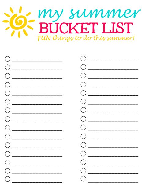 50 Fun Things To Do Blank Summer Bucket List Template Download