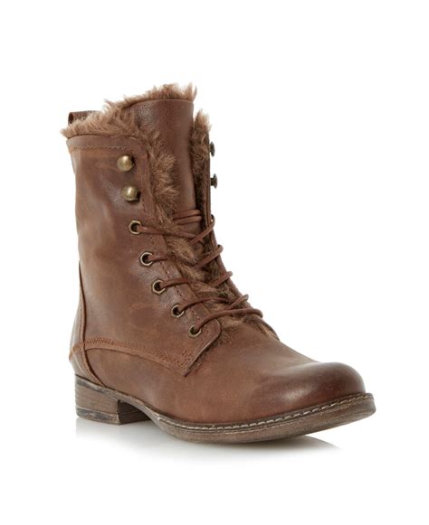 dune purr leather lace up ankle boot in brown lyst