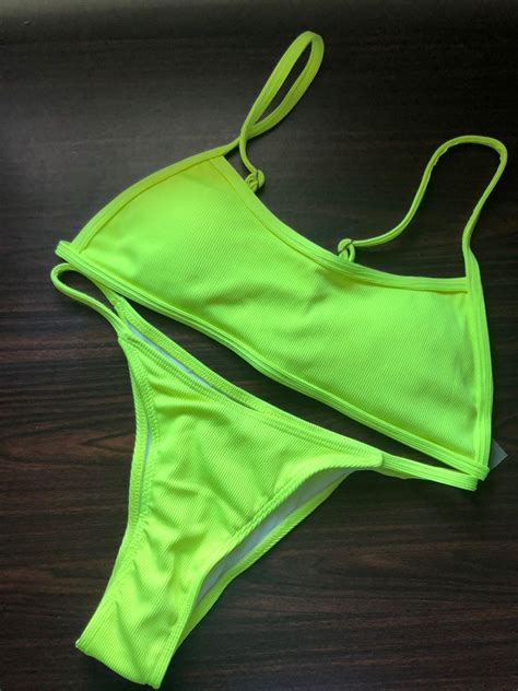 Shein Neon Yellow Rib Thong Bikini Swimsuit Womens Fashion Swimwear
