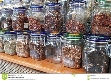 Herbs In Jars On Shelves In A Shop Stock Photo Image Of Cooking Food