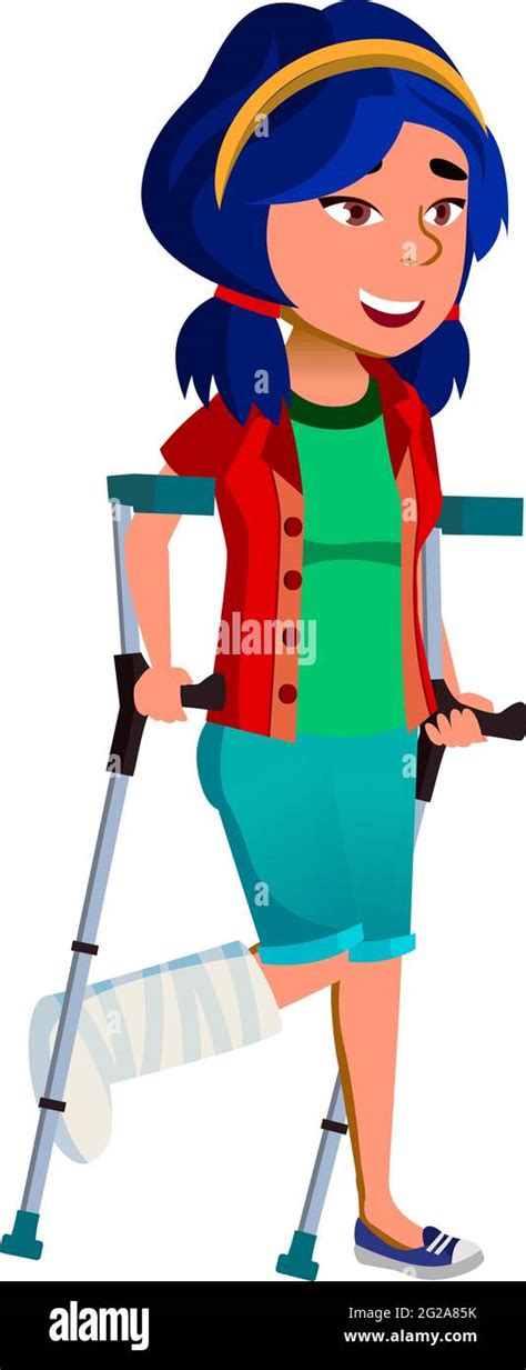 Smiling Girl With Broken Leg Going On Crutches From Doctor Cartoon