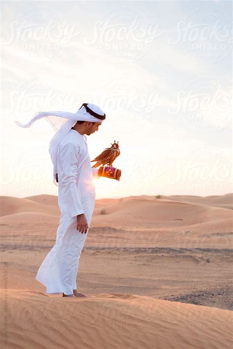 Arabian Man In Desert With Falcon Dubai United Arab Emirates By