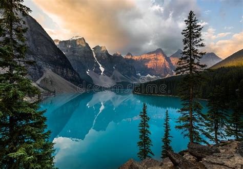 Sunrise With Turquoise Waters Of The Moraine Lake With Sin