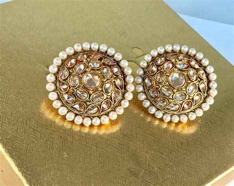 Indian Pakistani Jewellery Gold And Pearl Zirconia Stud Tops Earrings