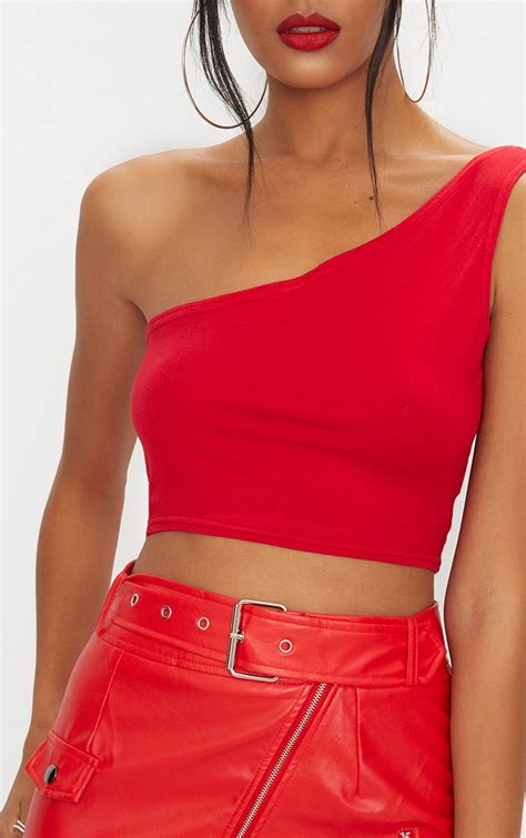 Basic Red Jersey One Shoulder Crop Top Tops Prettylittlething Il