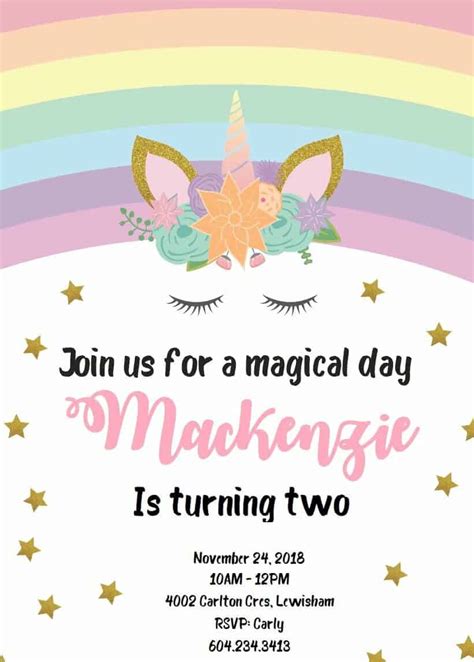 Editable Unicorn Birthday Invitations Templates Free Printable Templates