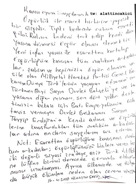 İşte alattin çakıcı'nın paylaştığı o mektup Cezaevinden tahliye olan Alaattin Çakıcı, ilk ...