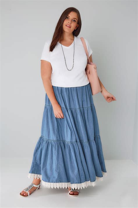 Denim Blue Tiered Maxi Skirt With Lace Trim Hem Plus Size 16 To 36