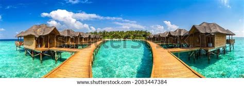 Panorama Water Villas Bungalows Wooden Jetty Stock Photo 2083447384