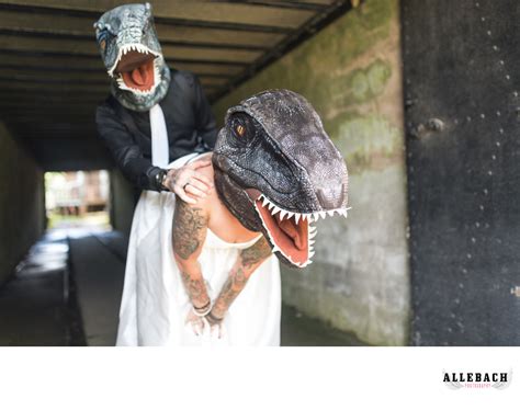 Tattooed Couple In Dinosaur Mask For Their Wedding Day The Couples