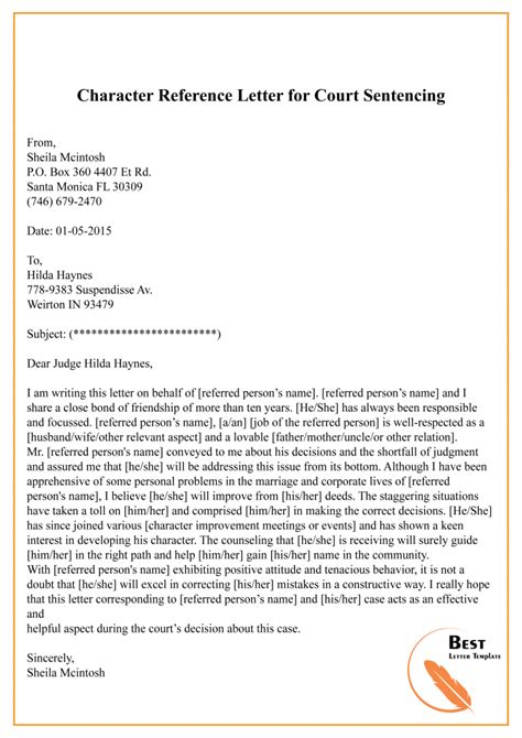 Each federal court maintains their own local court forms. Character Reference Letter for Court Template | Reference ...