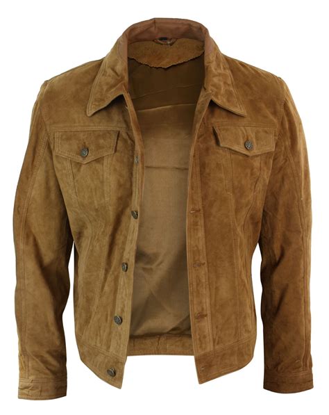 Mens Vintage Short Denim Style Retro Real Suede Leather Jean Jacket