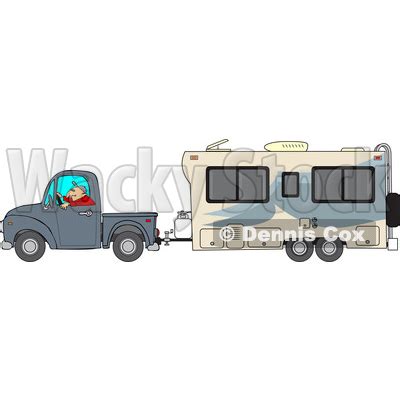 Cartoon Of A Man Driving A Pickup Truck And Hauling A Camper Trailer