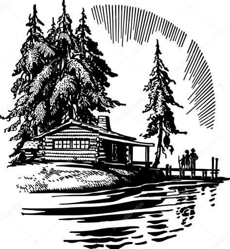 Clipart Cabins Beautiful Cabin By A Lake — Stock Vector