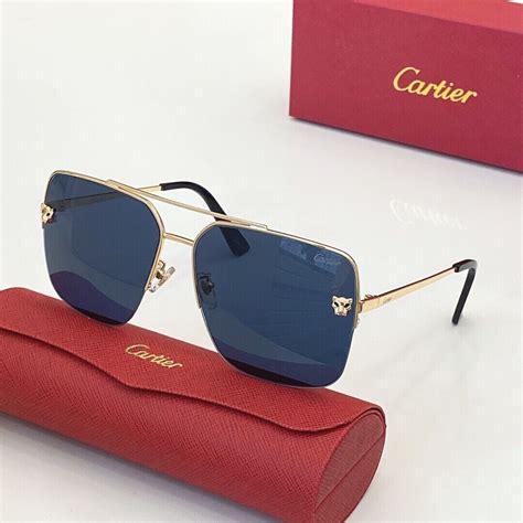 Pre Owned Cartier Men Sunglasses Eyeglasses Gold Frame Blue Lens 145mm