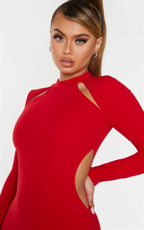 Red Long Sleeve Cut Out Bodycon Dress Prettylittlething Usa