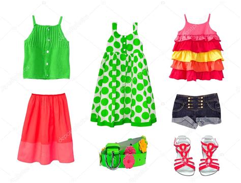 Collage Female Child Clothesset Kid Fashion Clothingisolated Stock