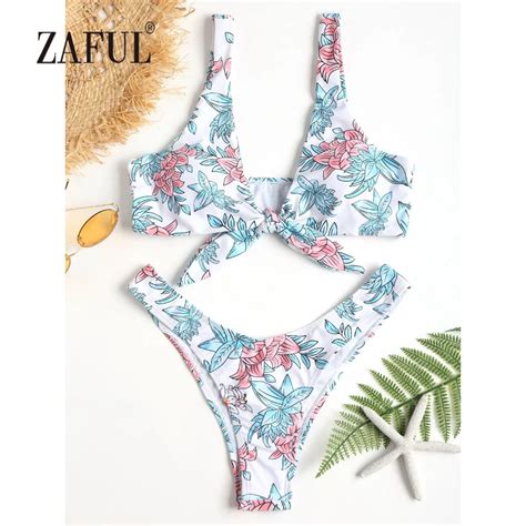 Zaful Knotted Bikini High Cut Swimwear Women Swimsuit Front Tied Floral