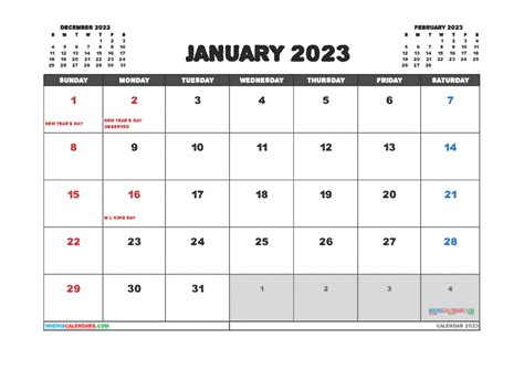 Free January 2023 Calendar With Holidays Printable Pdf And Image