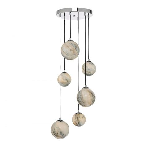 Cp Lighting And Interiors Mikara 6 Light Cluster Pendant Marble Effect Glass And Polished Chrome