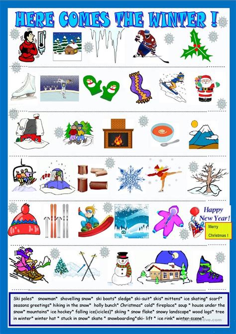 Winter Pictionary And Matching Worksheet Free Esl Printable