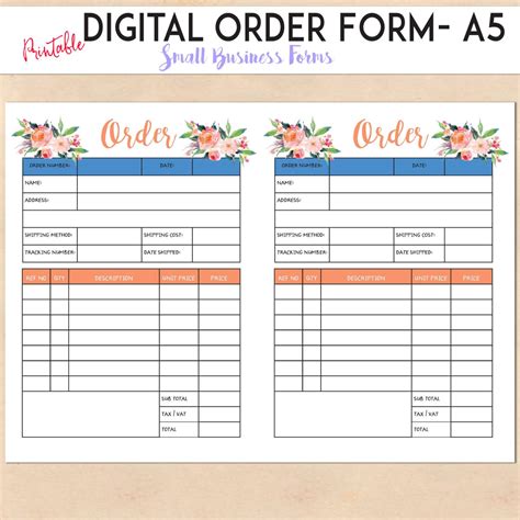 digital order form printable template custom