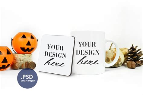 Download Halloween Mug & Coaster Mockup, Rounded coaster mock up PSD