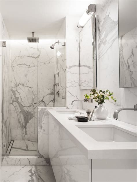 Black & white floral damasks pattern shower curtain. White Marble Bathroom | Houzz