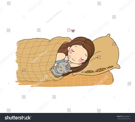 Sleeping Girl And Cat In Bed Good Night Sweet Royalty Free Stock Vector 687868267