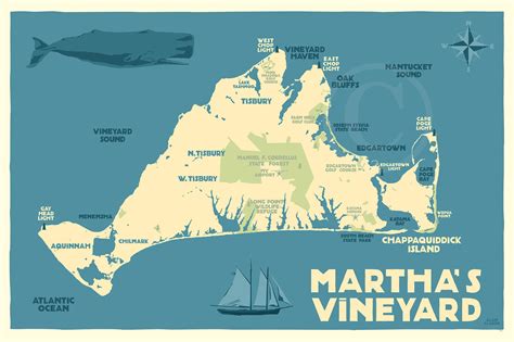 Marthas Vineyard Map Art Print 36 X 53 Travel Poster By Alan Claude