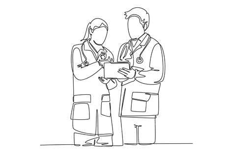 Premium Vector Continuous One Line Drawing Young Smart Male And Female Doctor Discussing About